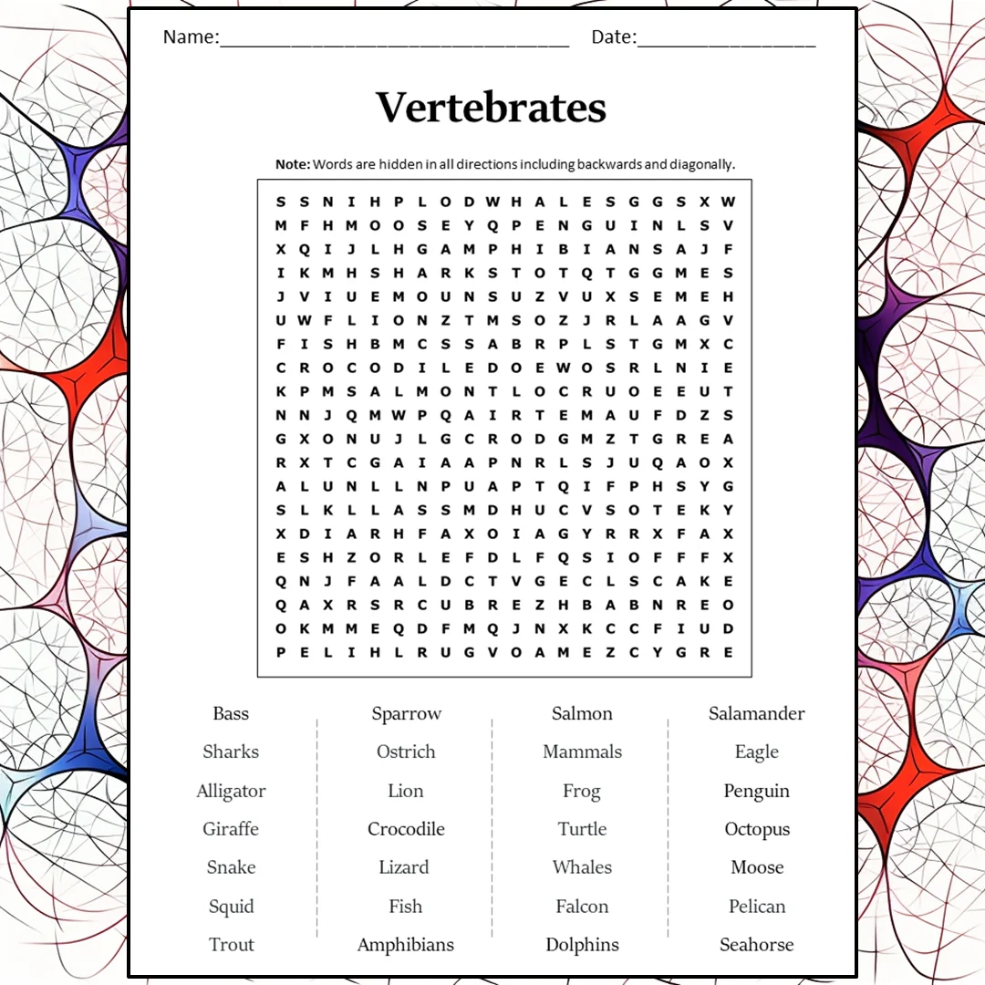 Vertebrates Word Search Puzzle Worksheet Activity PDF PrintableBazaar