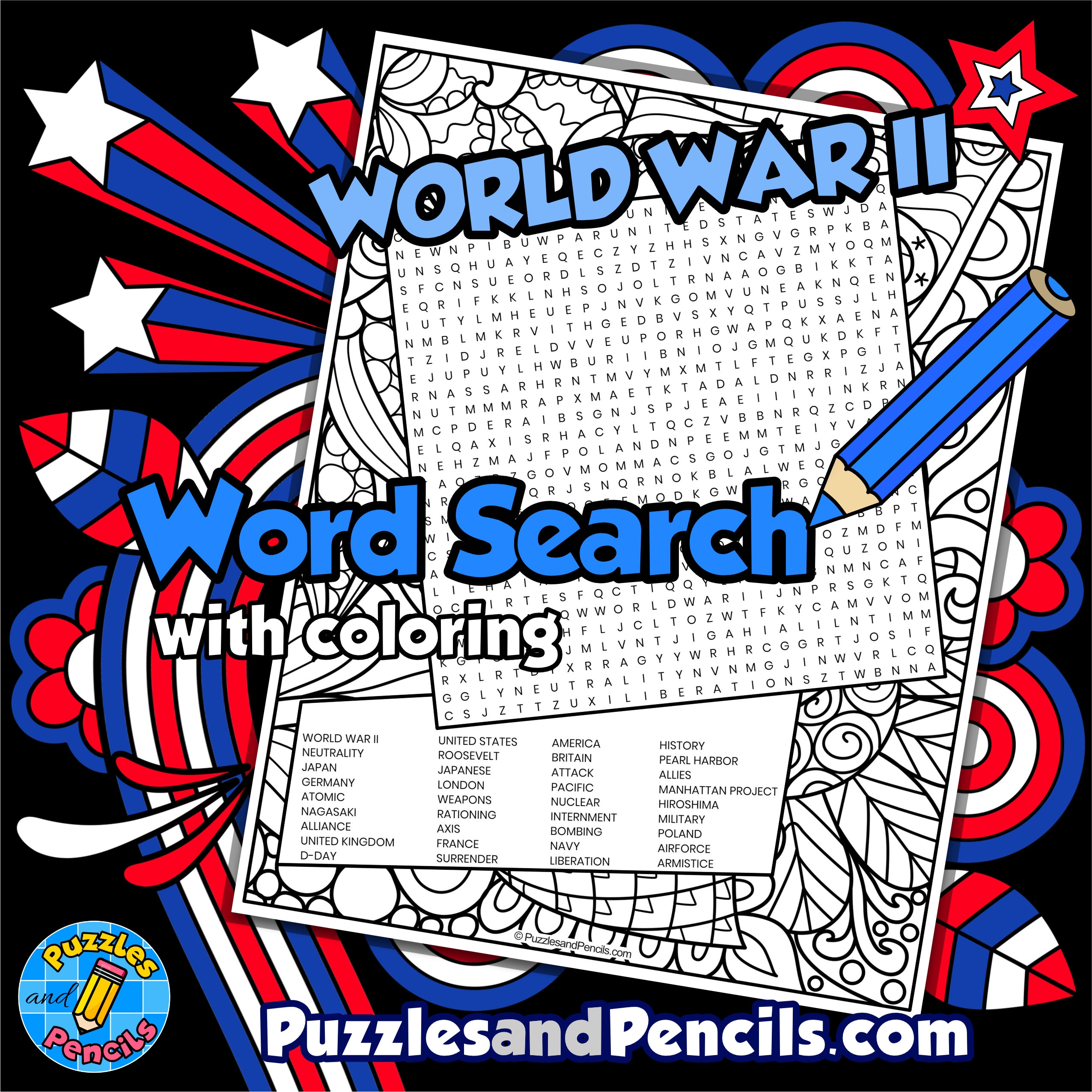 World War II Word Search Puzzle With Coloring US History Wordsearch Made By Teachers